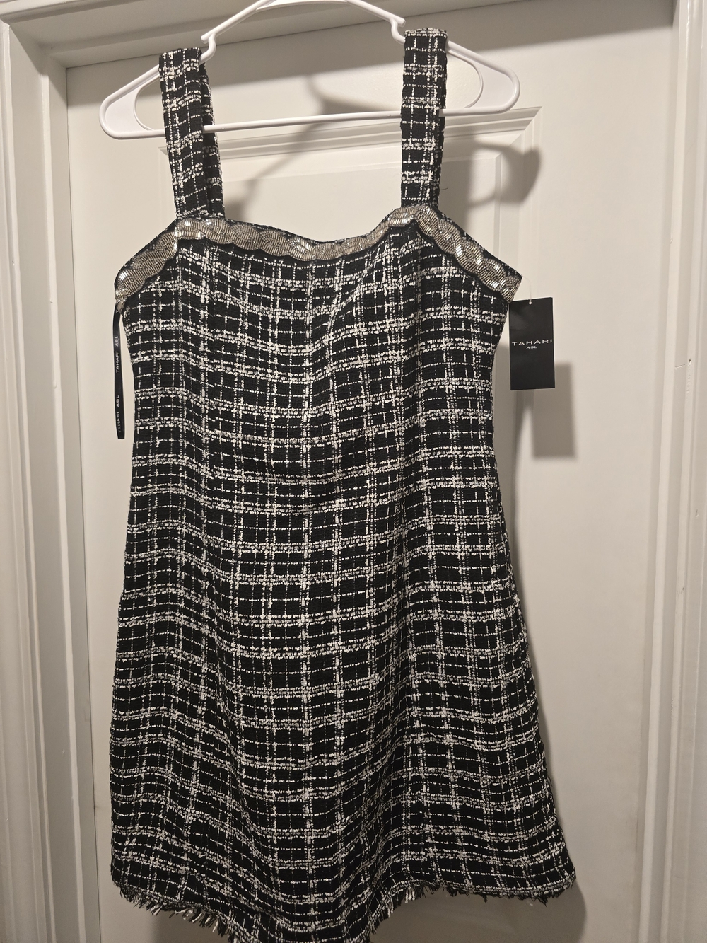 NWT Tahari ASL Rhinestone Embellished Bouclé Tweed Plaid Dress Black Ivory 12